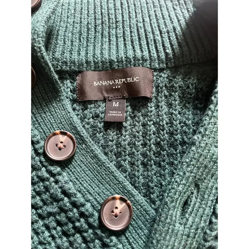 Banana Republic Green Waffle Knit Sweater M Button Neck Eclectic Grandpa